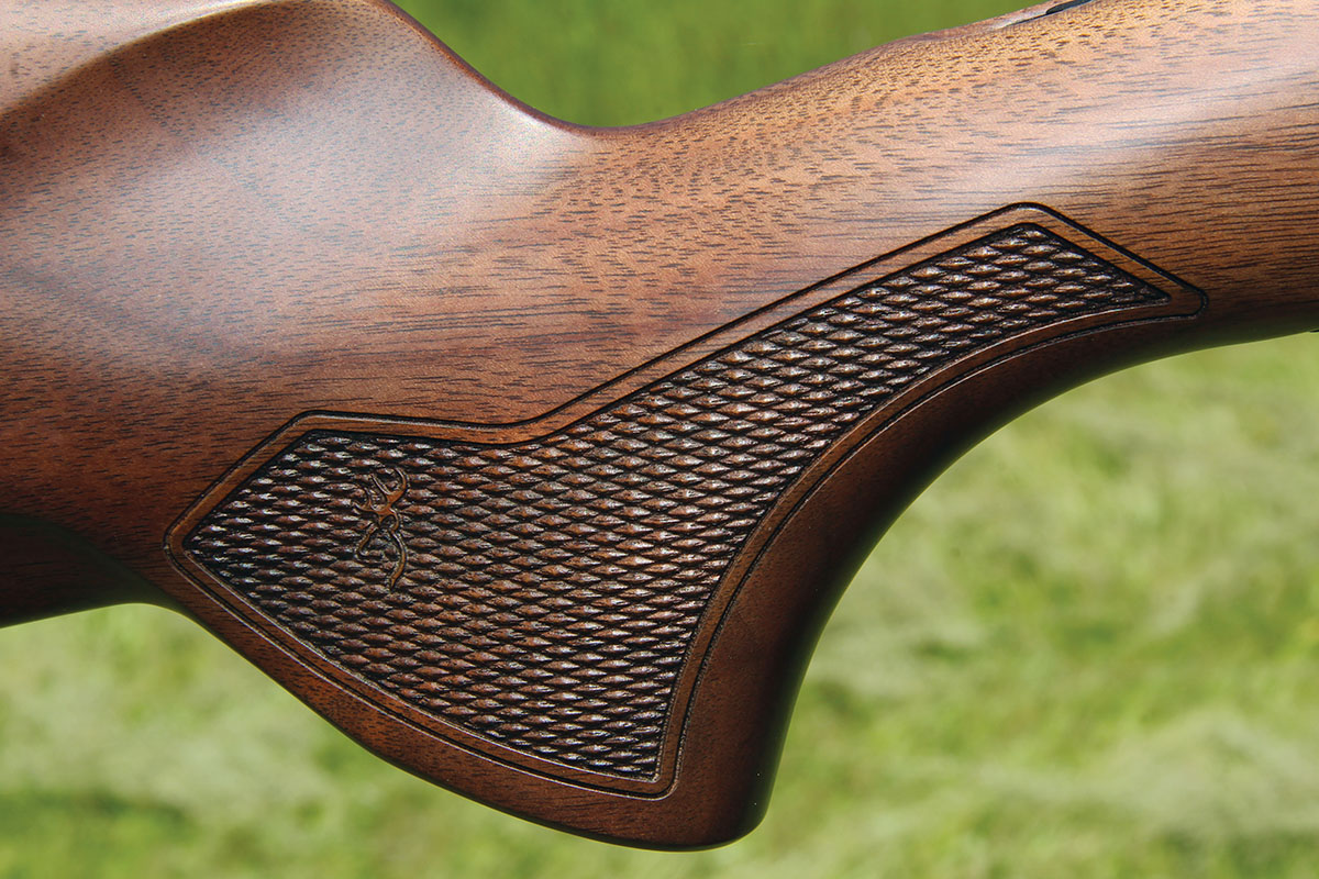 The bordered, 18-line-per-inch checkering of the Browning X-Bolt 2 Hunter included a tiny Buck Mark logo. A low-glare satin finish keeps game-spooking glint to a minimum. The overall look is quite classy.